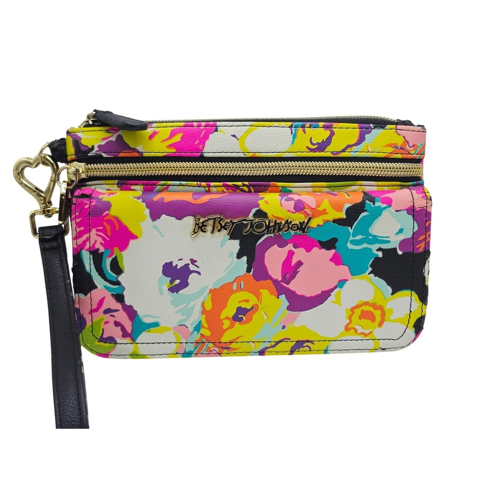 Betsey Johnson Floral Wristlet Wallet Double Zip Gold Interior Multicolor